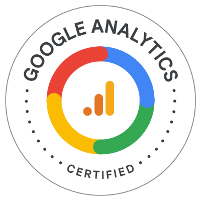 Google Analytics Certified badge with a circular design featuring the Google Analytics logo in the center, symbolizing certification and expertise in analytics.