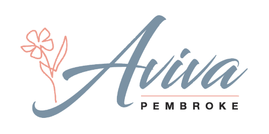 Aviva Pembroke logo featuring elegant script typography and a floral design, symbolizing sophistication and care.