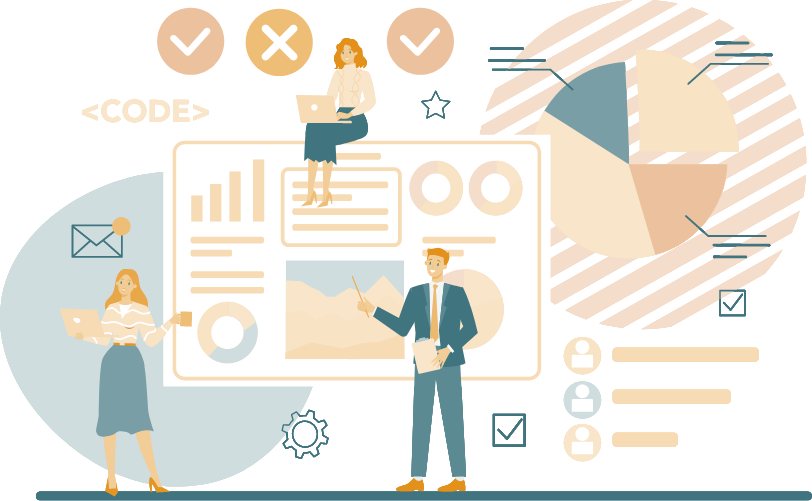 Illustration representing SEO for WordPress sites. A team collaborates on optimizing a dashboard filled with charts, analytics, and code elements. One person presents data insights, another works on a laptop, and a third points to visuals, emphasizing strategy, performance tracking, and SEO improvements.