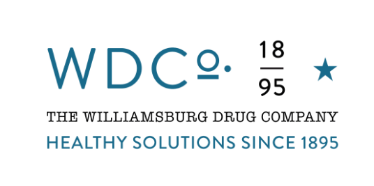 Williamsburg Drug Company logo featuring modern typography and the tagline 'Healthy Solutions Since 1895,' highlighting its legacy and expertise.