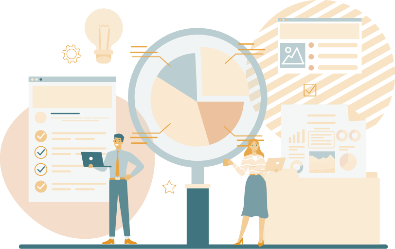 Illustration representing website audits. Two people analyze data with a large pie chart at the center, surrounded by detailed reports, checklists, and visuals. One person works on a laptop while the other reviews results, highlighting thorough evaluation and optimization processes for improving website performance.