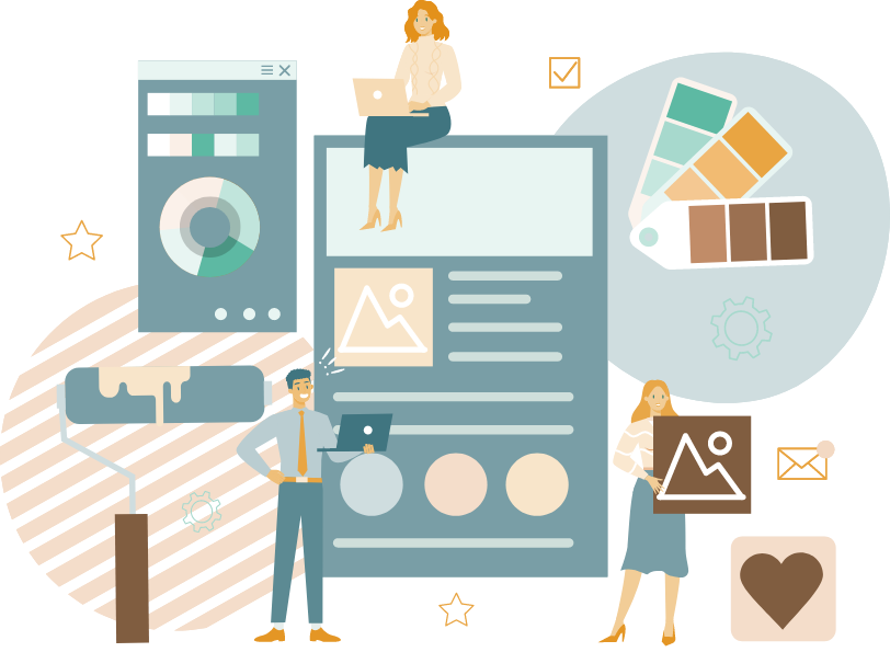 Illustration representing WordPress Website Design Services. A team collaborates on a website interface, featuring design tools such as a color palette, image placement, and a paint roller symbolizing customization. One person works on a laptop atop the design, another presents an image, and a third adjusts the interface, showcasing creativity and teamwork in web design.