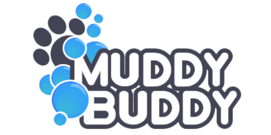 Muddy Buddy logo with playful blue bubbles and bold typography, representing a fun and creative brand for pet grooming services.